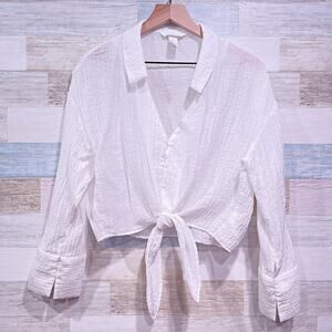 H&M Crinkle Gauze Tie Front Shirt White Long Sleeve Lightweight Womens Small